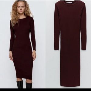 Zara. Burgundy shoulder pad midi knit dress, US M